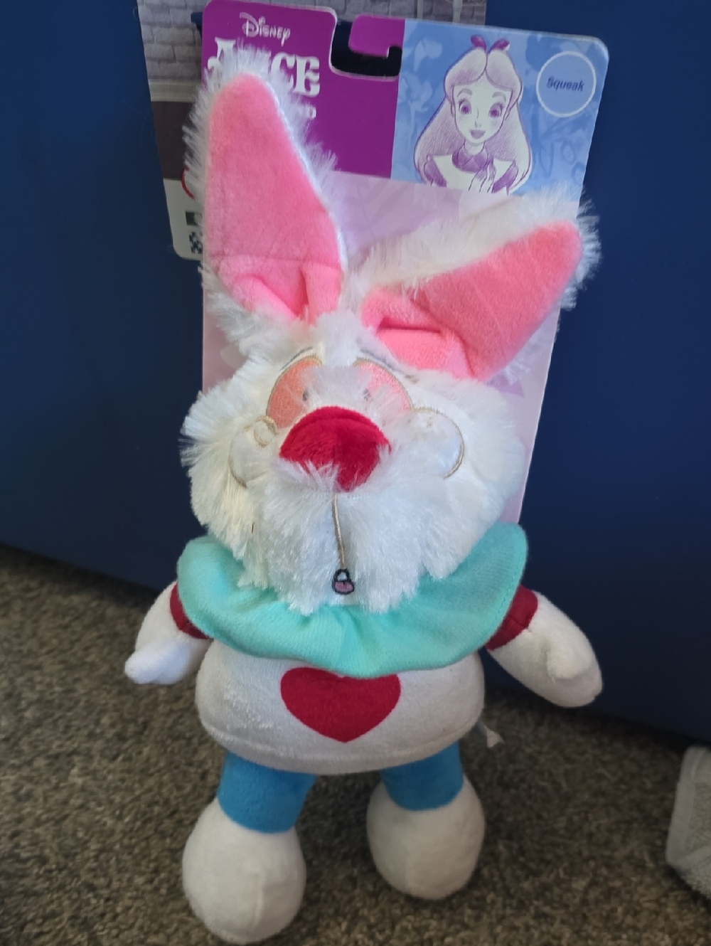 Disney White Rabbit Plush with Pink Ears, Red Heart and Teal Collar